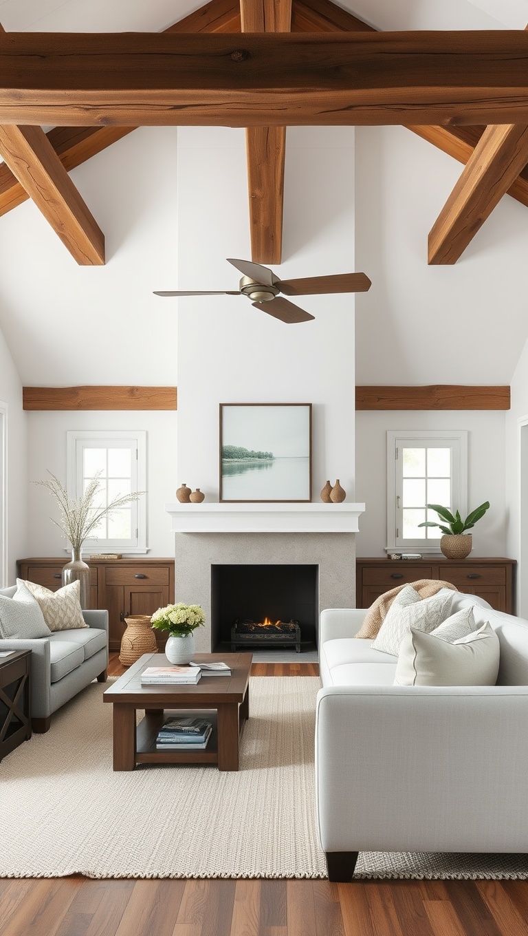 20 Breezy Ideas for Your Coastal Farmhouse Living Room - 11. Rustic Farmhouse Beams