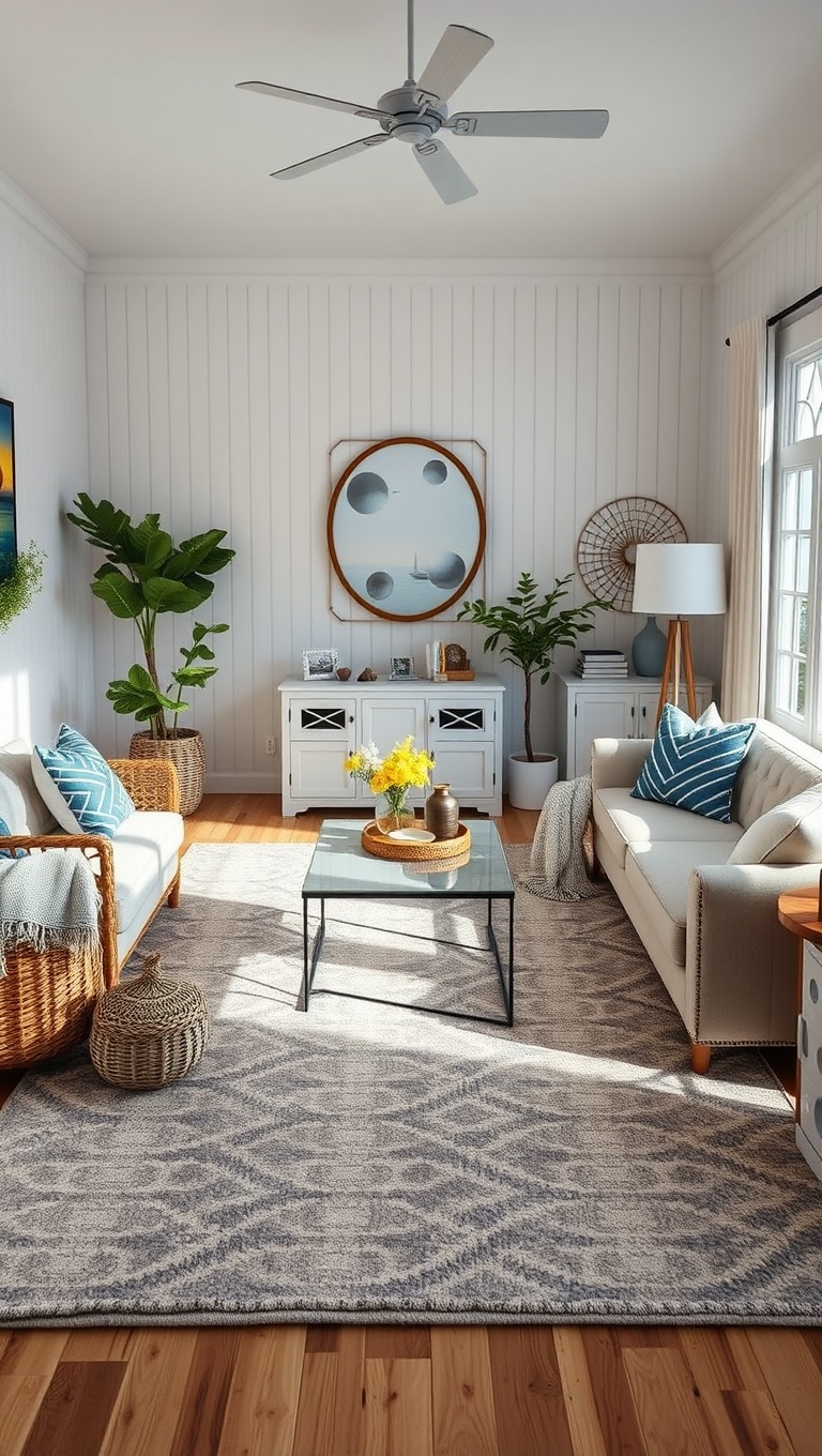 20 Breezy Ideas for Your Coastal Farmhouse Living Room - 16. Cozy Rugs with Coastal Patterns