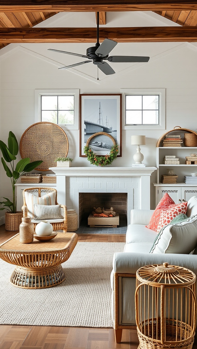 20 Breezy Ideas for Your Coastal Farmhouse Living Room - 9. Rattan and Wicker Accents