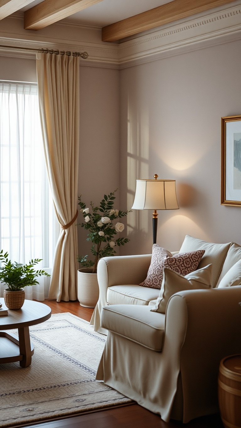 20 Charming Ideas for a Cottage Chic Living Room - 11. Use Cottage-Style Curtains for Softness