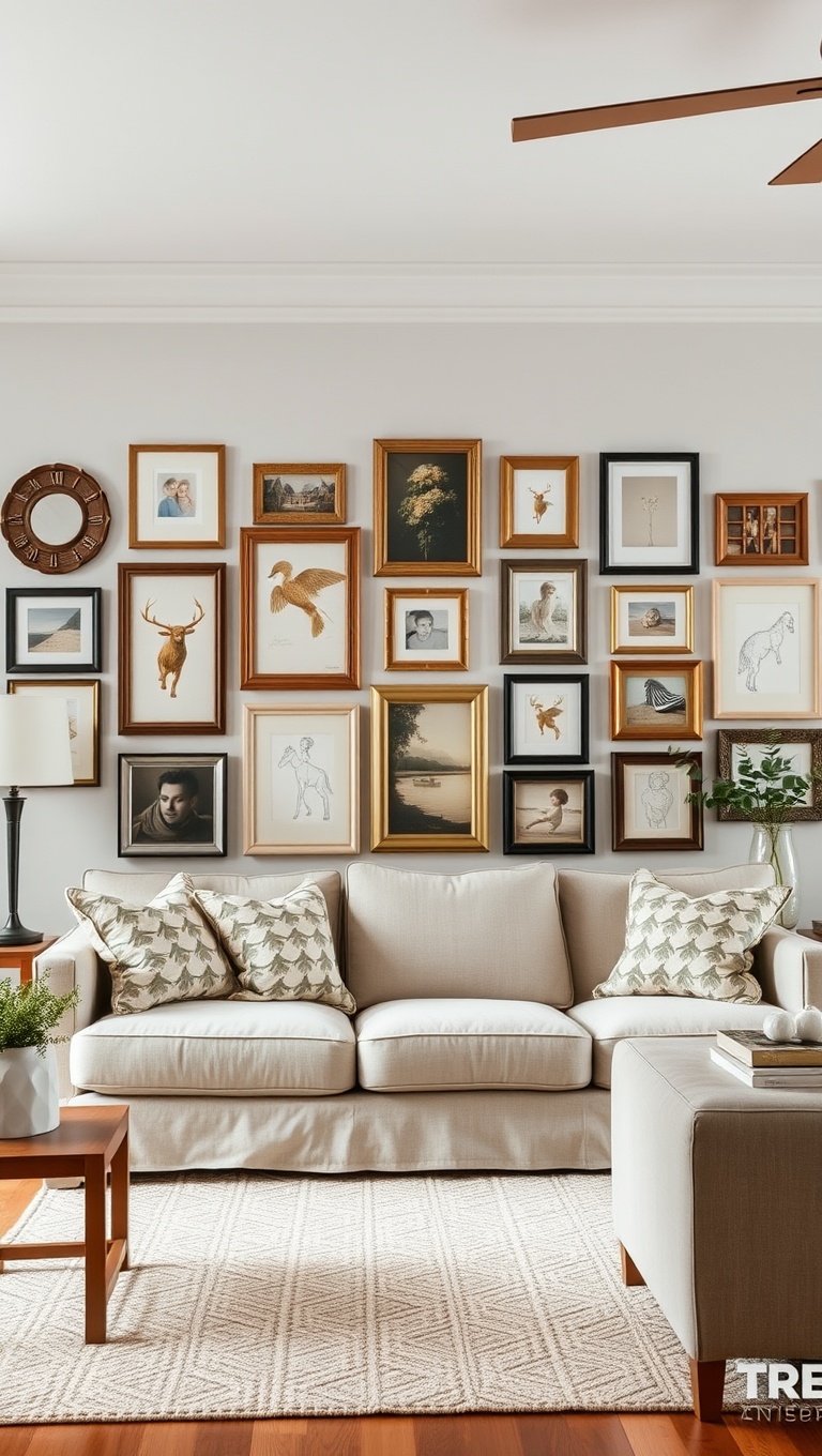 20 Charming Ideas for a Cottage Chic Living Room - 14. Create a Gallery Wall with Eclectic Frames