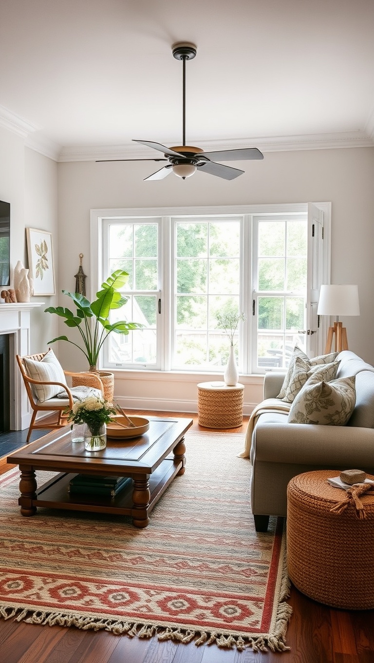 20 Charming Ideas for a Cottage Chic Living Room - 12. Add a Statement Rug for Warmth