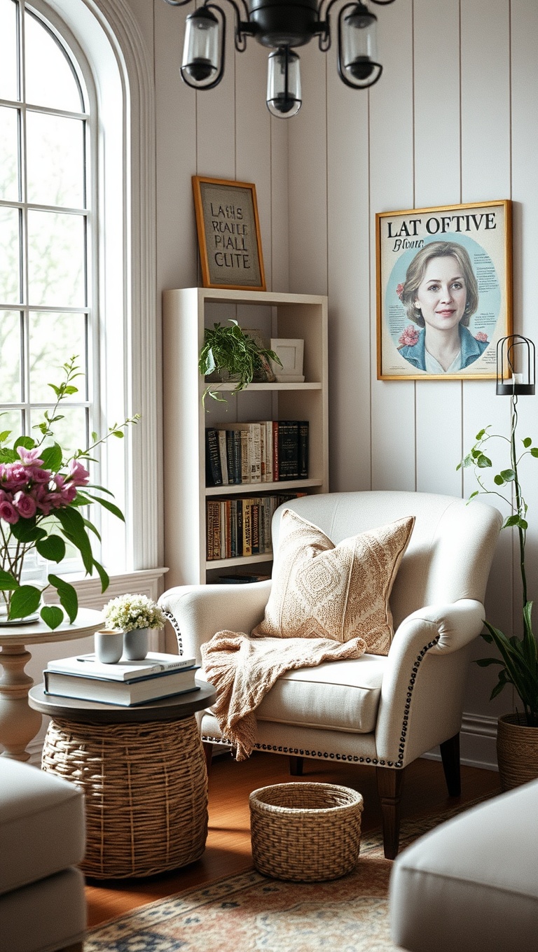 20 Charming Ideas for a Cottage Chic Living Room - 6. Create a Reading Nook with a Comfy Chair