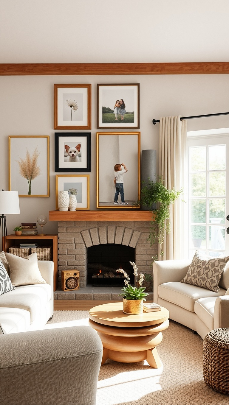 20 Charming Ideas for a Cottage Chic Living Room - 9. Hang Whimsical Art and Family Photos