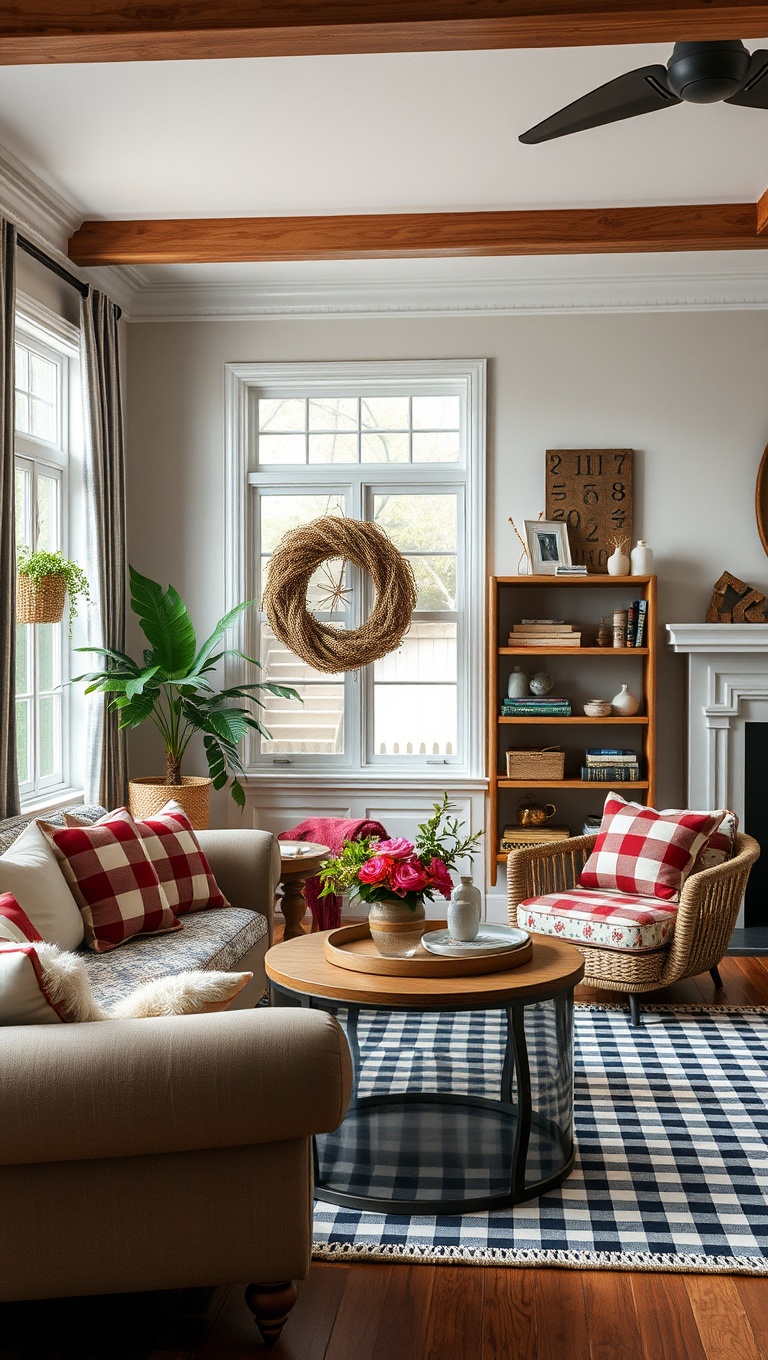 20 Cozy and Eclectic Farmhouse Living Room Ideas You’ll Love - 14. Mixed Patterns: Play with Stripes, Florals, and Checks