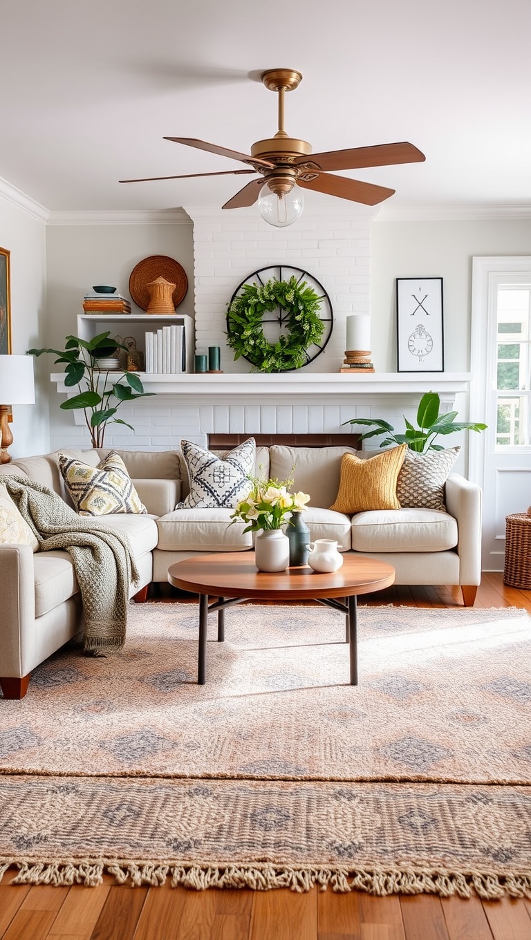 20 Cozy and Eclectic Farmhouse Living Room Ideas You’ll Love - 10. Statement Rugs: Anchor Your Space with Texture