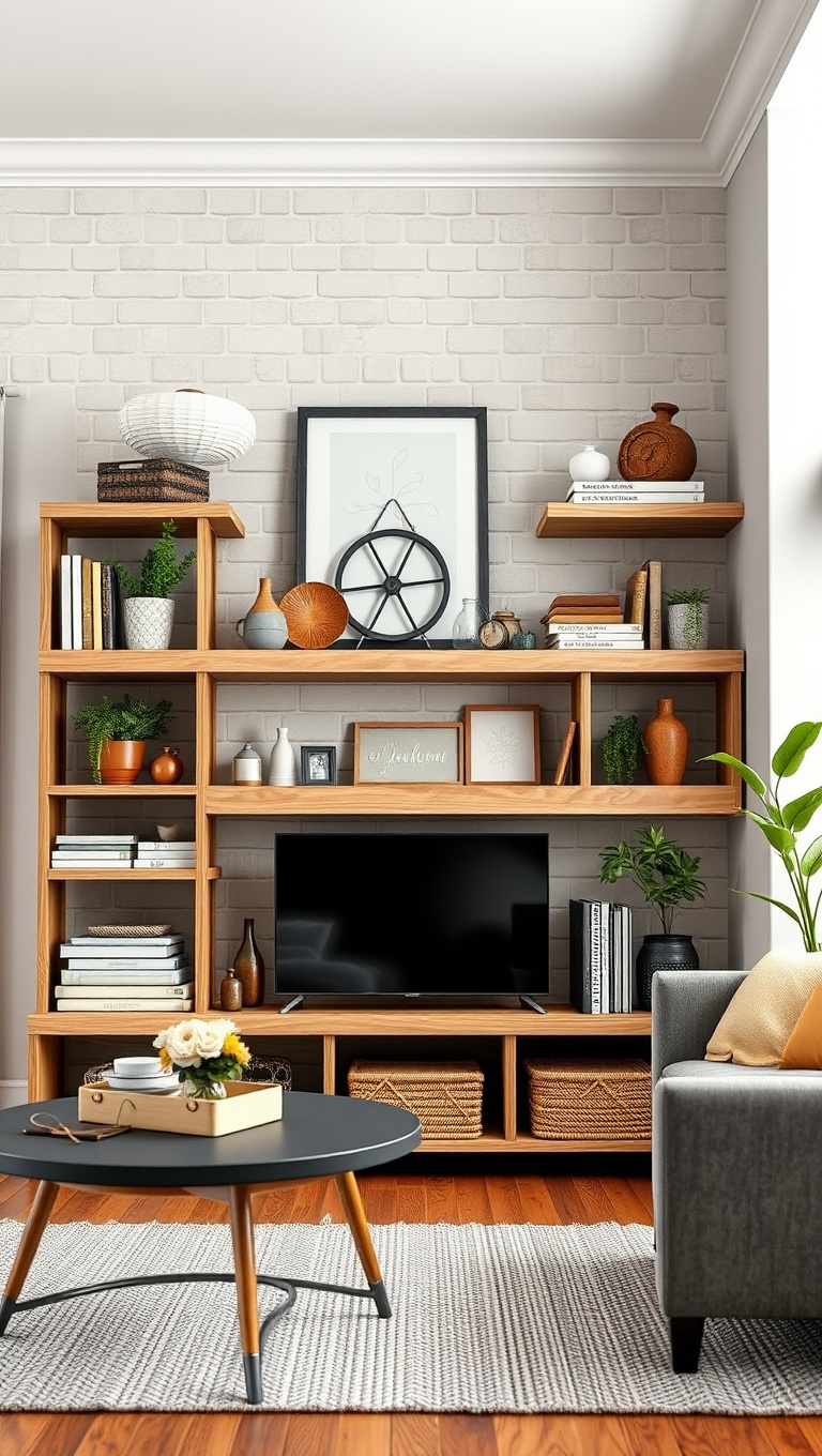 20 Cozy and Eclectic Farmhouse Living Room Ideas You’ll Love - 13. Unique Shelving: Open Shelves for Display and Storage