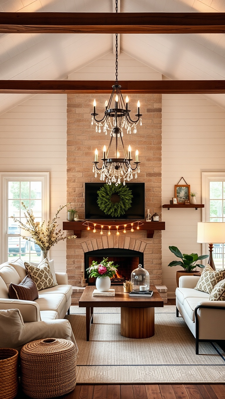 20 Cozy and Eclectic Farmhouse Living Room Ideas You’ll Love - 5. Brighten Up with Lighting: Chandeliers and Fairy Lights