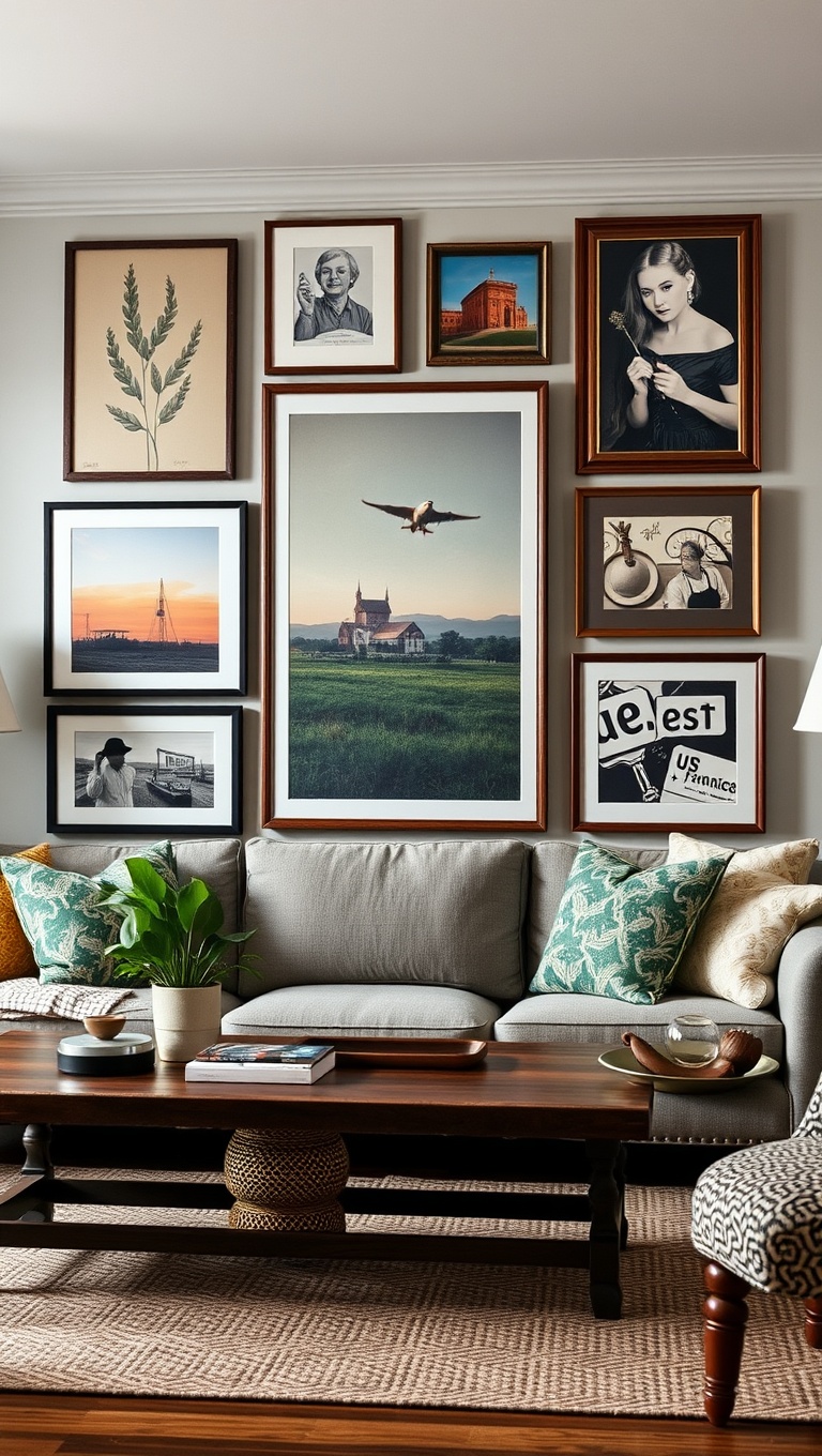 20 Cozy and Eclectic Farmhouse Living Room Ideas You’ll Love - 6. Eclectic Gallery Wall: Show Off Your Favorite Art
