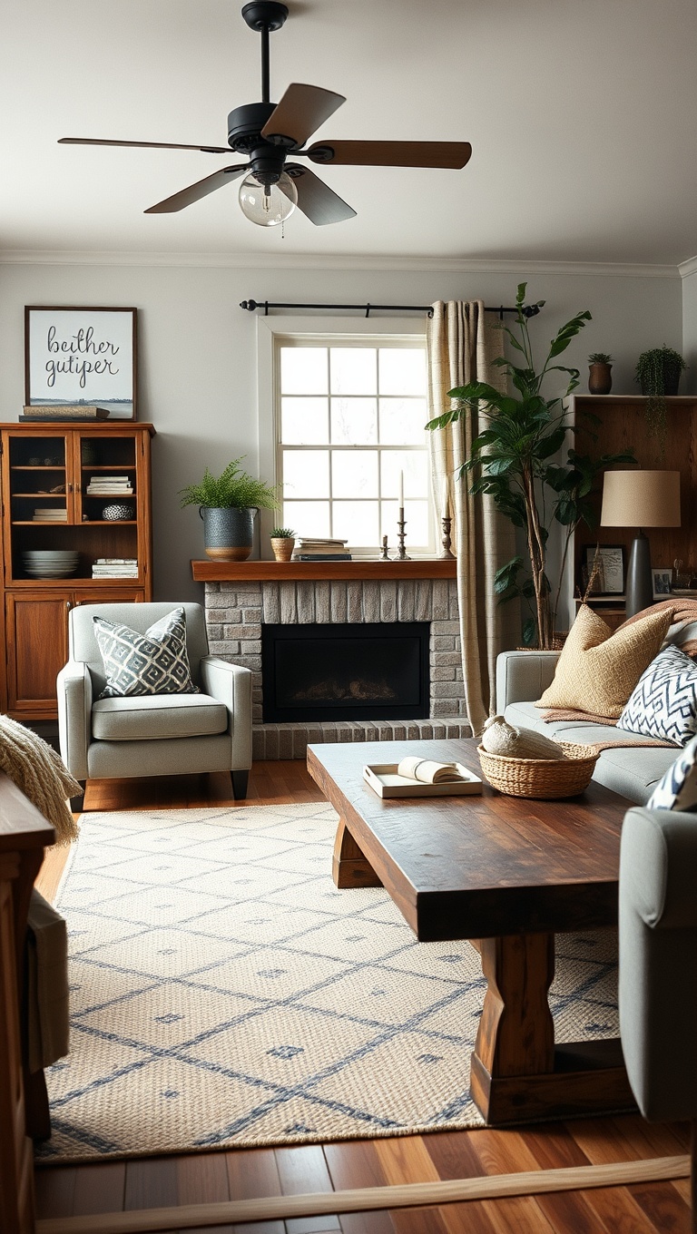 20 Cozy and Eclectic Farmhouse Living Room Ideas You’ll Love - 2. A Rustic Coffee Table: The Heart of Your Living Room