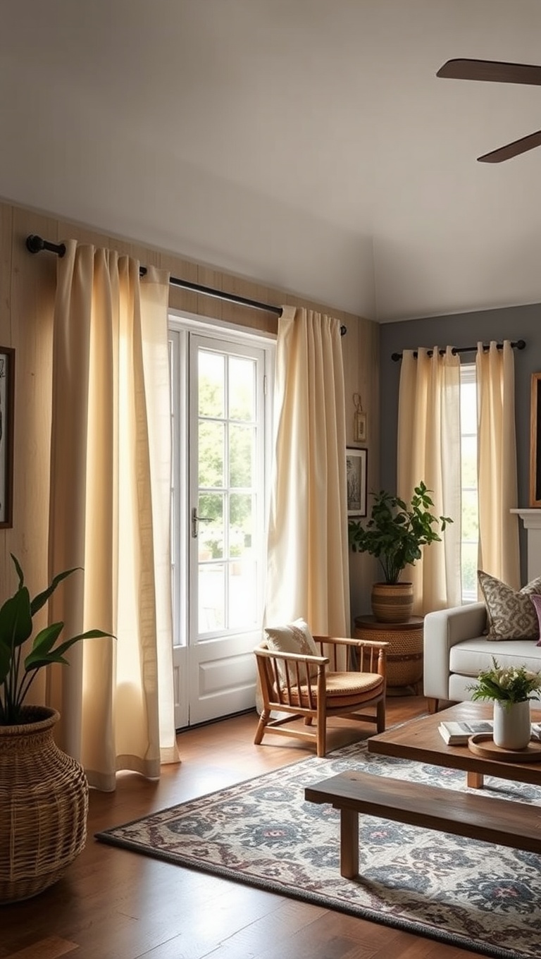 20 Cozy and Eclectic Farmhouse Living Room Ideas You’ll Love - 16. Farmhouse Style Curtains: Light and Breezy
