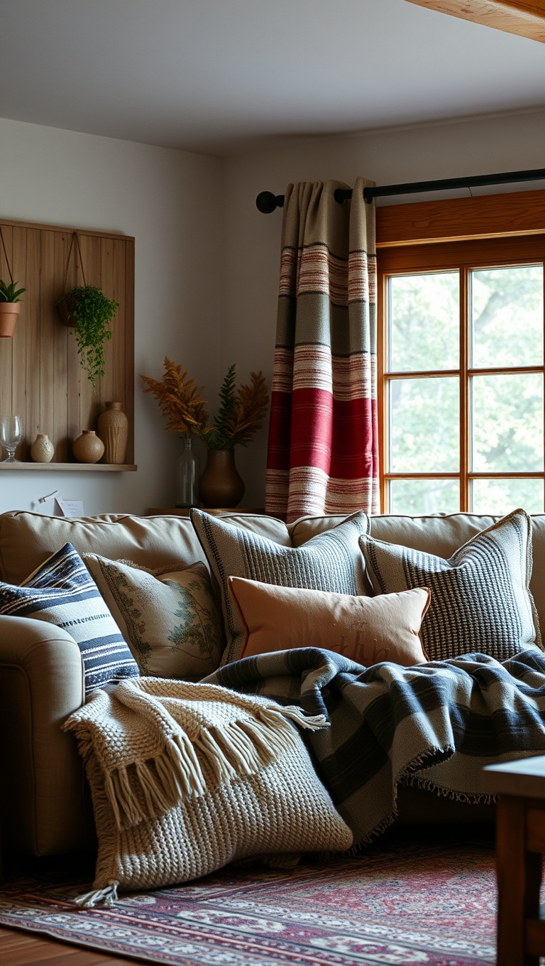 20 Cozy and Eclectic Farmhouse Living Room Ideas You’ll Love - 1. Layered Textiles: Mix and Match Cushions and Throws