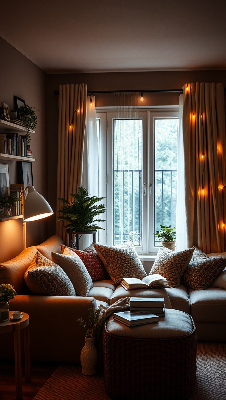 20 Cozy Reading Nook Ideas to Transform Your Living Room - 10. Soft Lighting with Fairy Lights