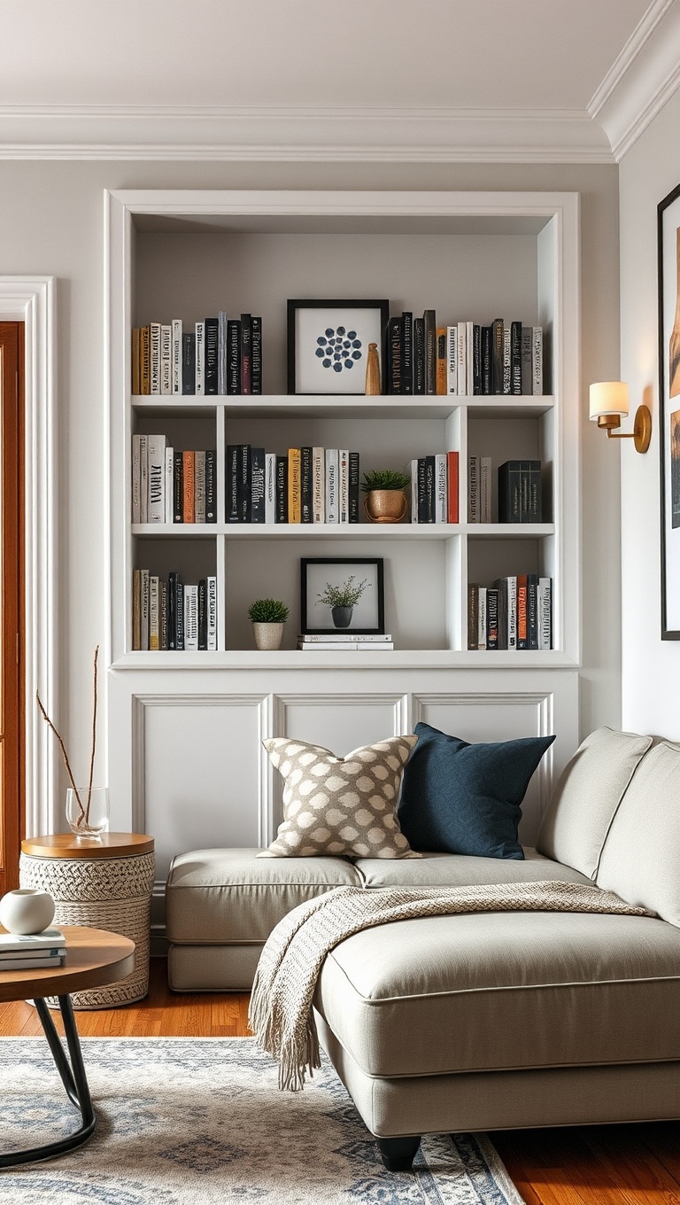 20 Cozy Reading Nook Ideas to Transform Your Living Room - 6. Stylish Bookshelf Wall Nook