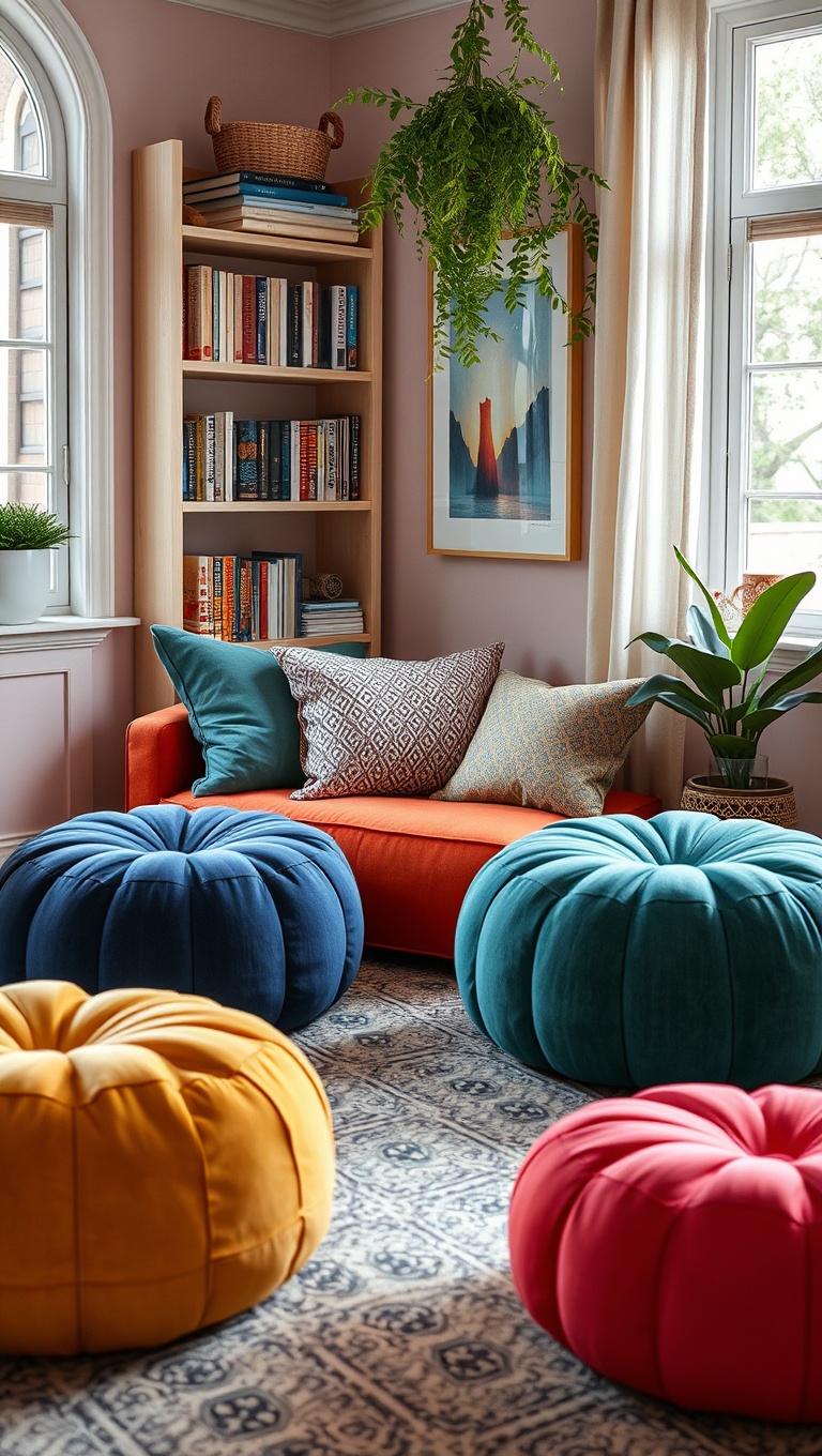 20 Cozy Reading Nook Ideas to Transform Your Living Room - 13. Colorful Poufs for Fun Vibes