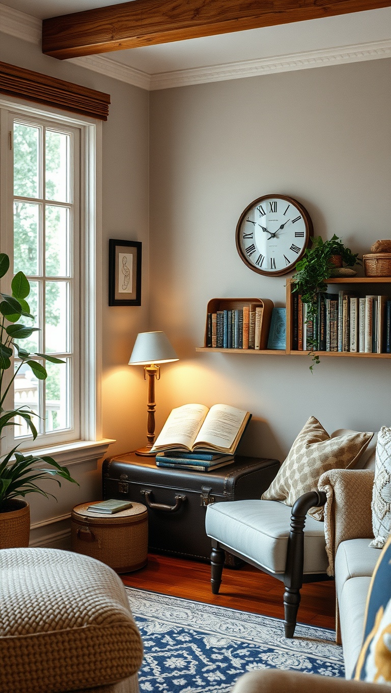 20 Cozy Reading Nook Ideas to Transform Your Living Room - 9. Vintage Suitcase Reading Corner