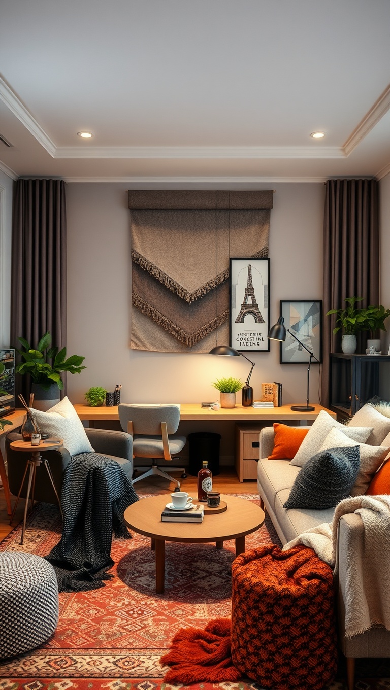 20 Creative and Inspiring Ideas for Your Workspace Living Room - 20. Inviting Textiles: Make It Cozy and Warm