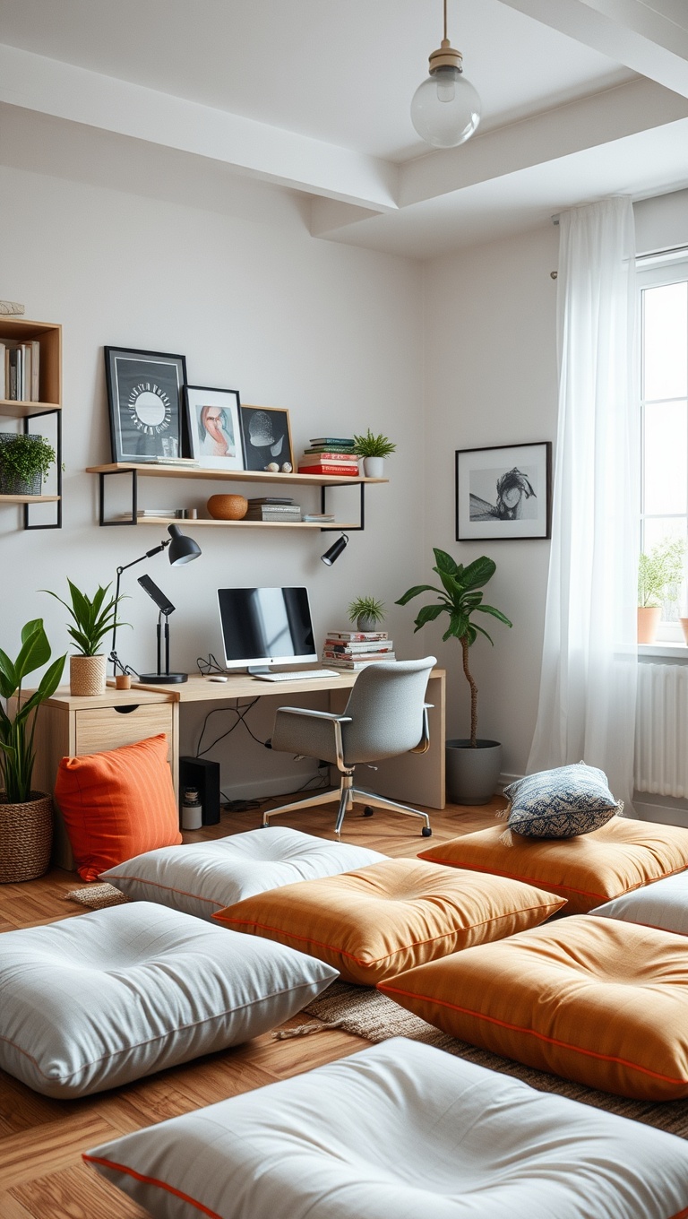20 Creative and Inspiring Ideas for Your Workspace Living Room - 11. Floor Cushions: A Relaxed Work Area