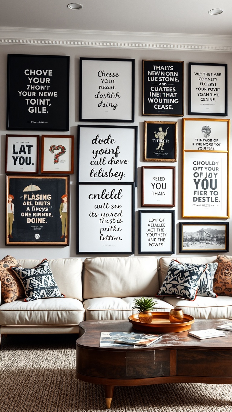 20 Fun Ideas to Create an Eclectic Gallery Wall in Your Living Room - Include Inspirational Quotes