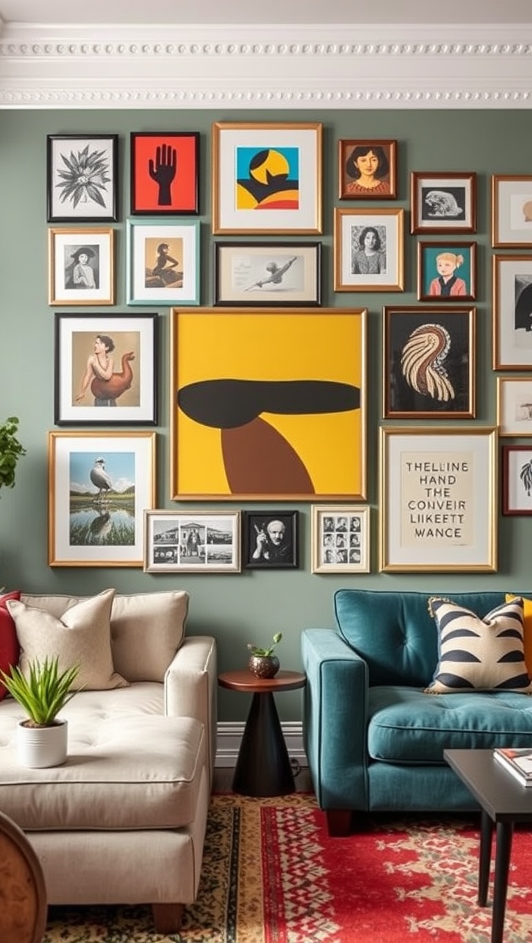 20 Fun Ideas to Create an Eclectic Gallery Wall in Your Living Room - Use Colorful Backgrounds