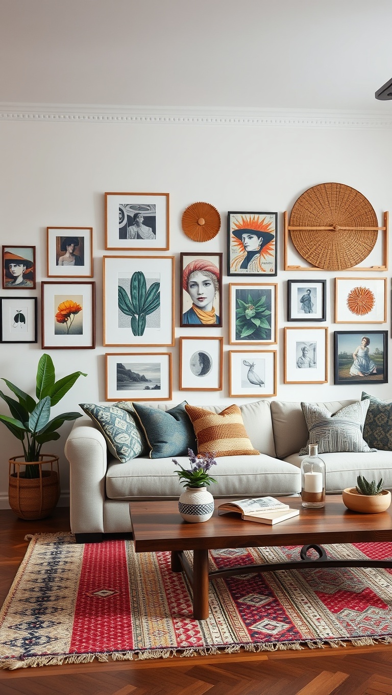 20 Fun Ideas to Create an Eclectic Gallery Wall in Your Living Room - Incorporate Textiles