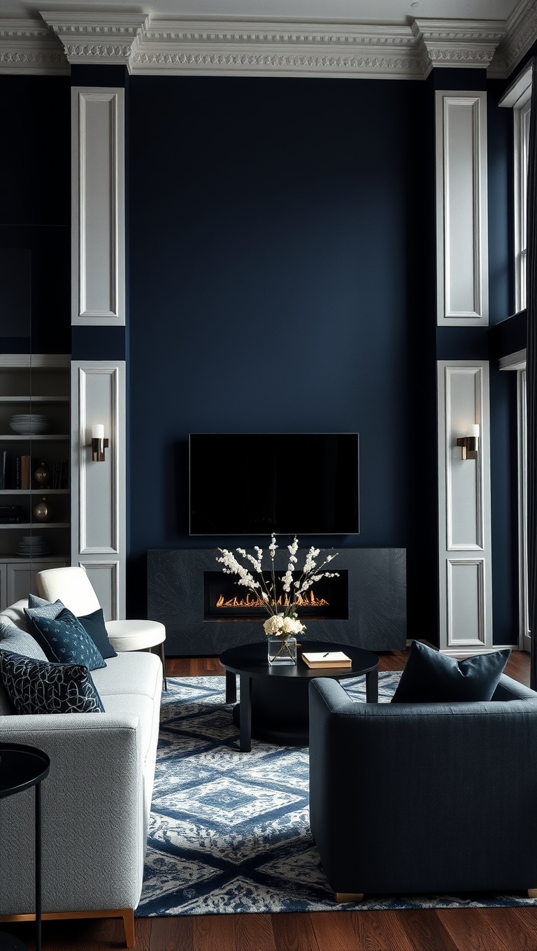 20 Chic Ideas for an Elegant Monochrome Living Room - 4. Bold Navy Statements