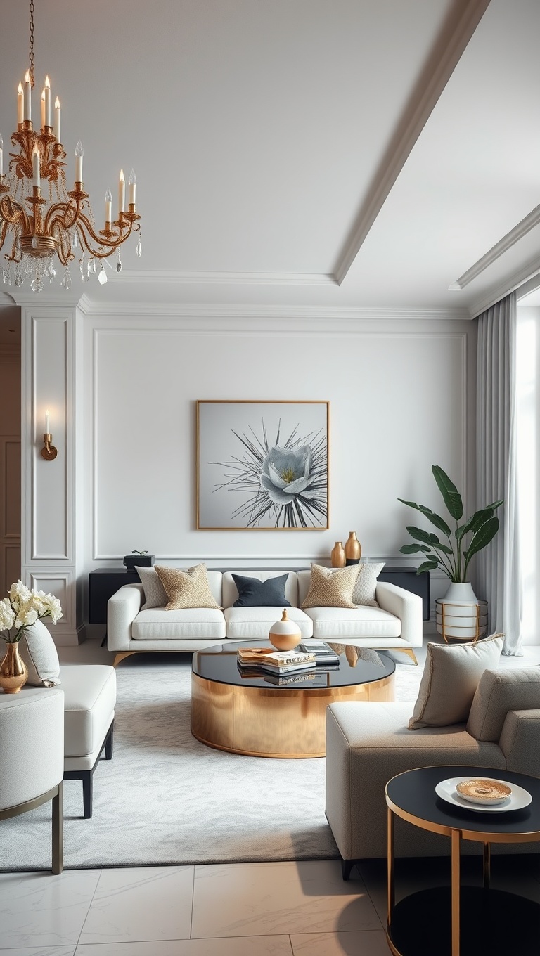 20 Chic Ideas for an Elegant Monochrome Living Room - 15. Glamorous Gold and White Mix