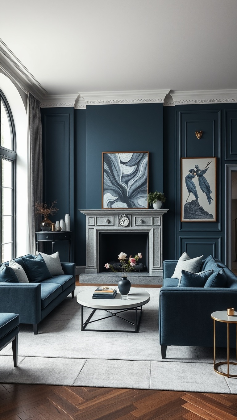 20 Chic Ideas for an Elegant Monochrome Living Room - 13. Refined Slate Blue Accents