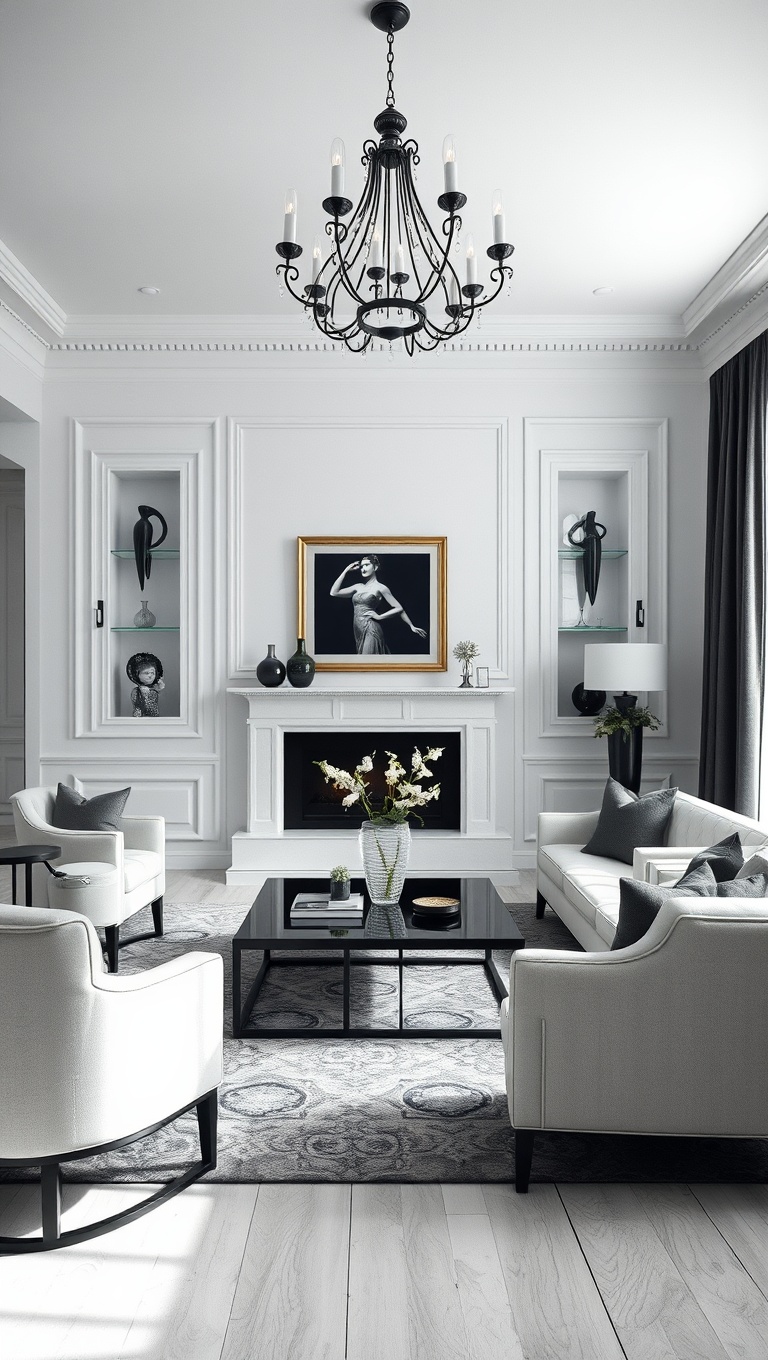 20 Chic Ideas for an Elegant Monochrome Living Room - 1. Classic Black and White Elegance