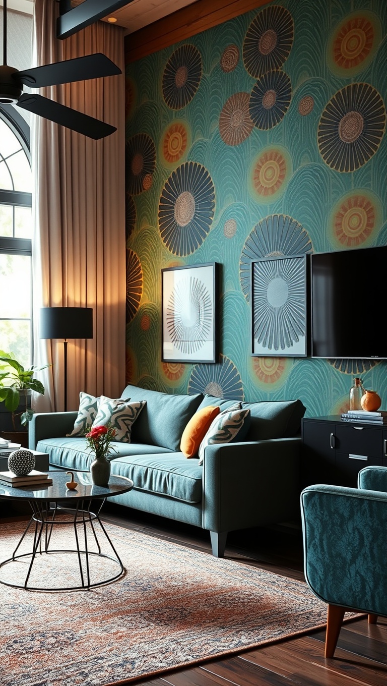 20 Funky Retro Living Room Ideas to Spark Your Creativity - 11. Accent Walls: Wallpaper That Wows!