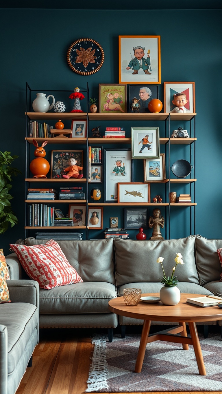 20 Funky Retro Living Room Ideas to Spark Your Creativity - 15. Fun Shelving: Display Your Collectibles Creatively