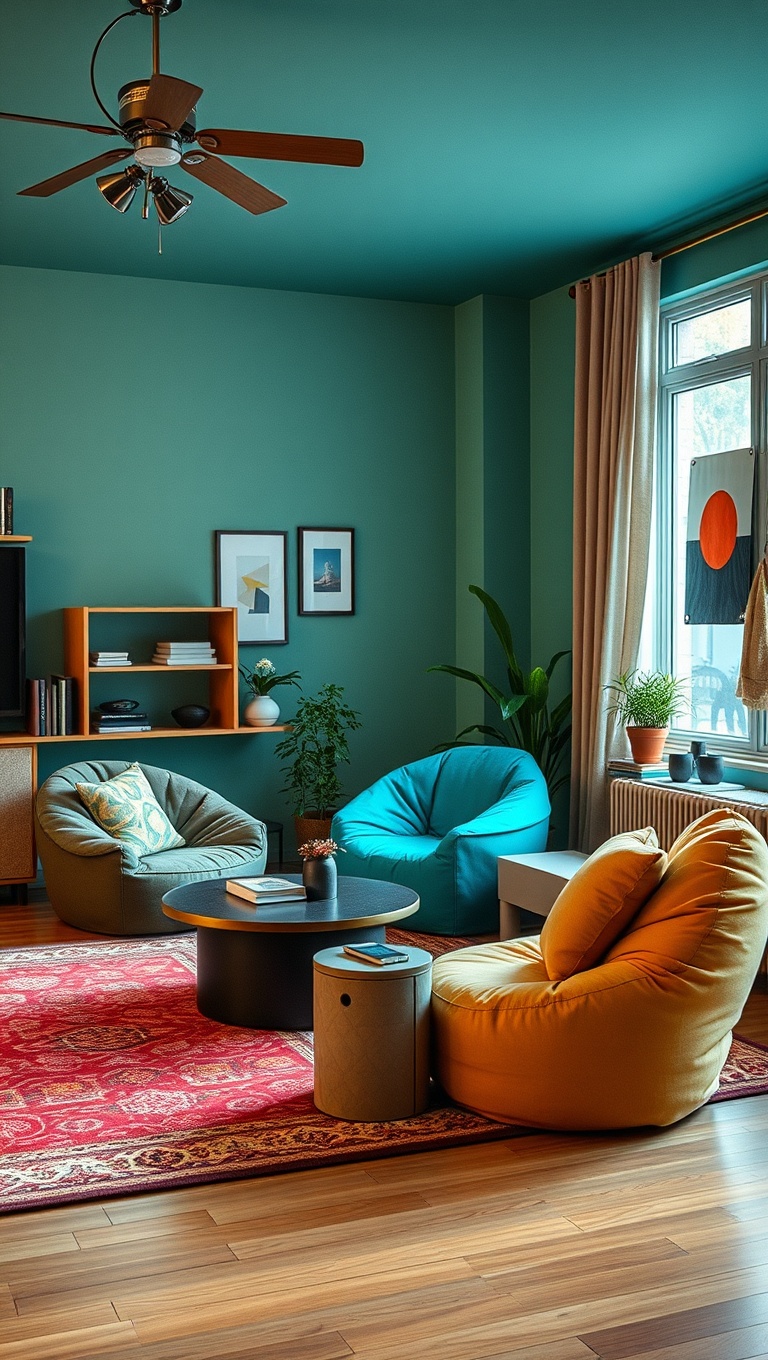 20 Funky Retro Living Room Ideas to Spark Your Creativity - 17. Unique Seating: Bean Bags to Retro Chairs