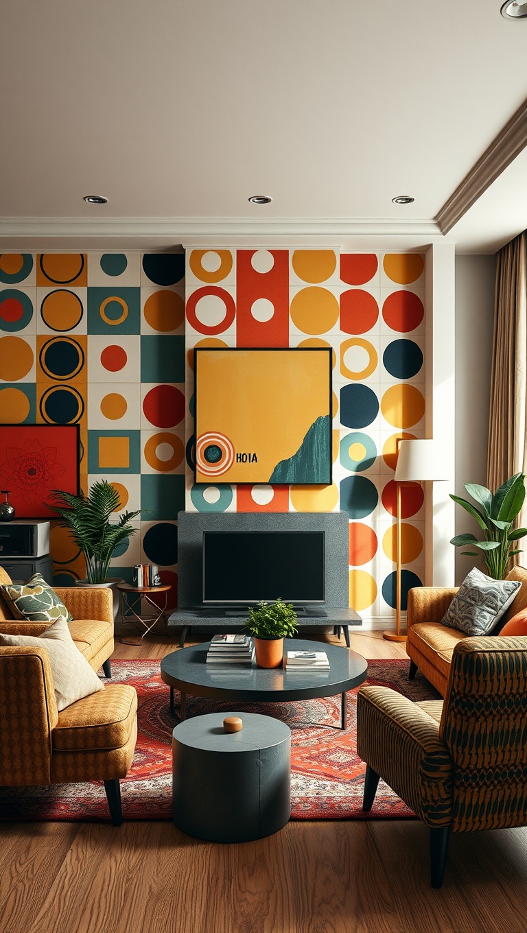 20 Funky Retro Living Room Ideas to Spark Your Creativity - 4. Geometric Patterns: Squares, Circles, and Everything in Between