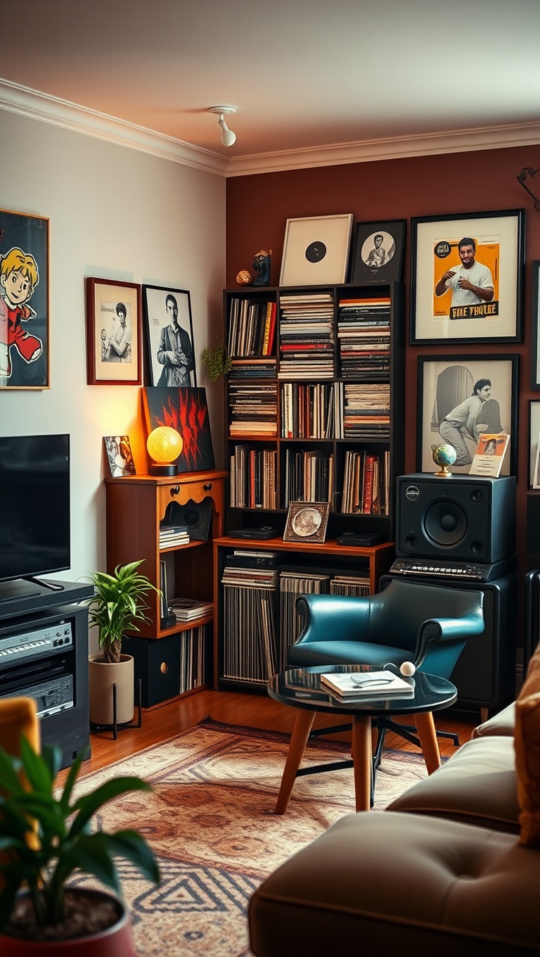 20 Funky Retro Living Room Ideas to Spark Your Creativity - 14. Retro Records: A Music Corner with Style