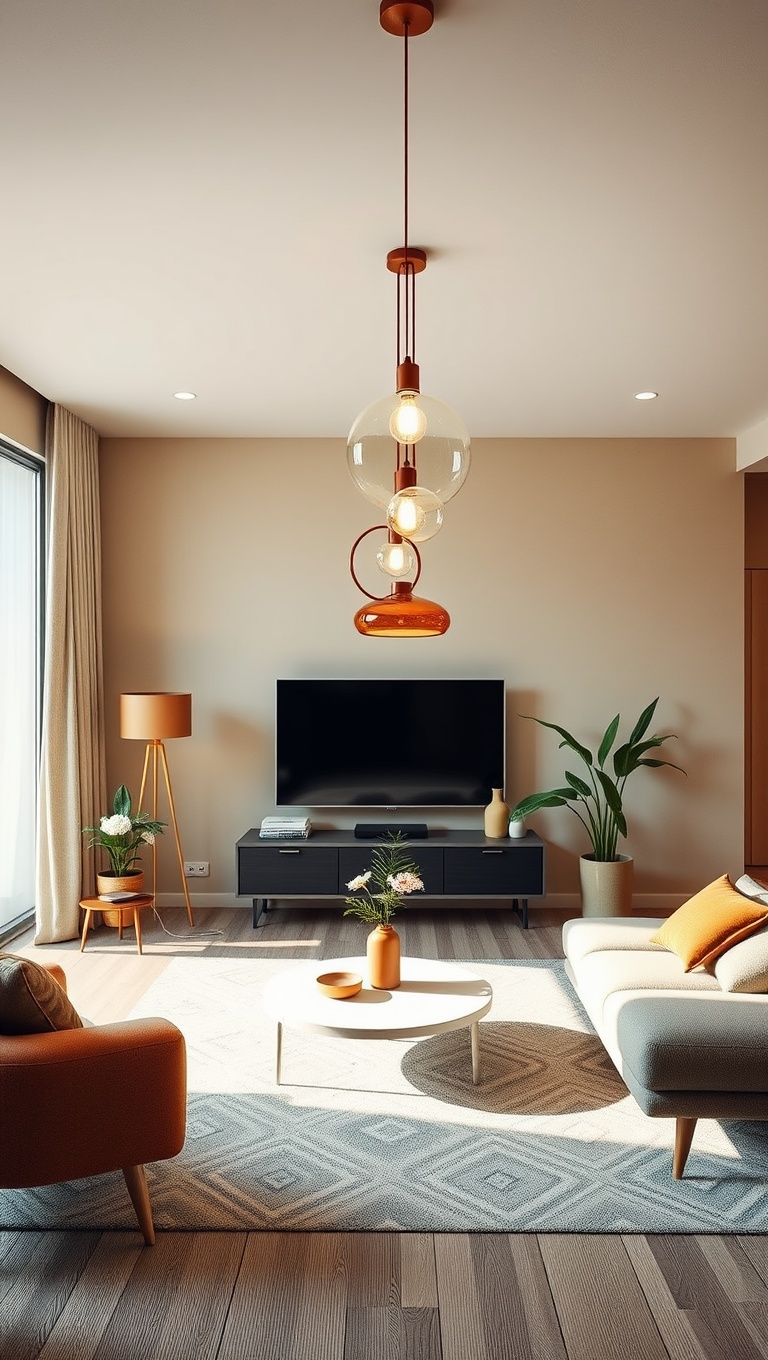 20 Funky Retro Living Room Ideas to Spark Your Creativity - 6. Iconic Lighting: Pendant Lamps to Brighten Your Space
