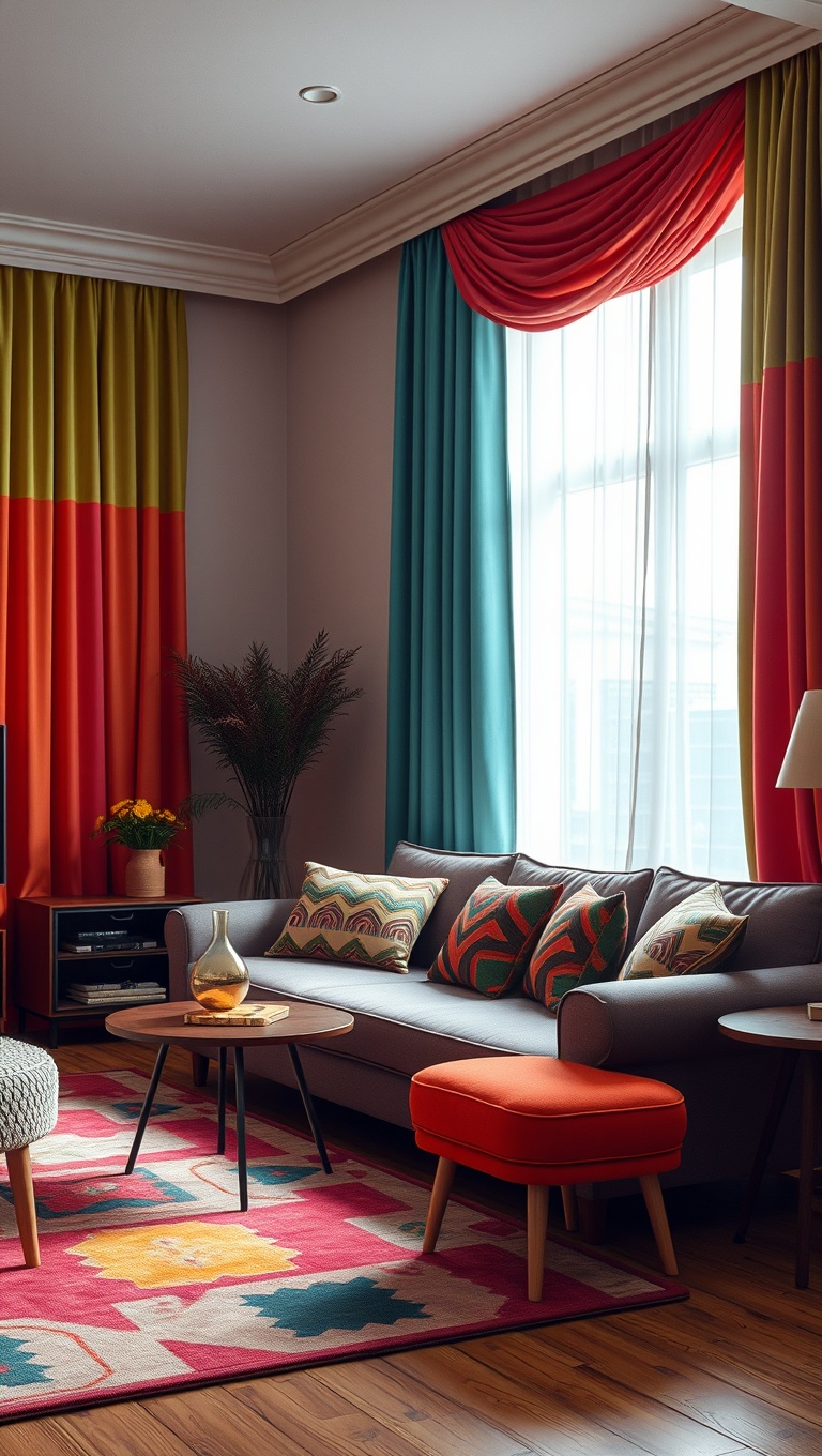 20 Funky Retro Living Room Ideas to Spark Your Creativity - 16. Funky Curtains: Get Cozy with Colorful Drapes