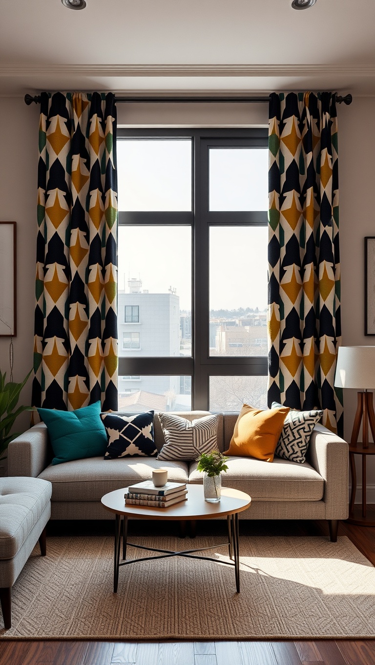 20 Stunning Ideas to Transform Your Living Room with Geometric Patterns - 10. Playful Geometric Curtains: Frame Your Views