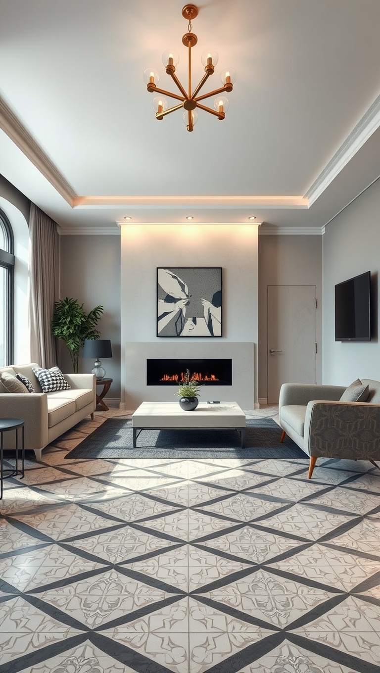 20 Stunning Ideas to Transform Your Living Room with Geometric Patterns - 16. Modern Geometric Floor Tiles: Upgrade Your Flooring
