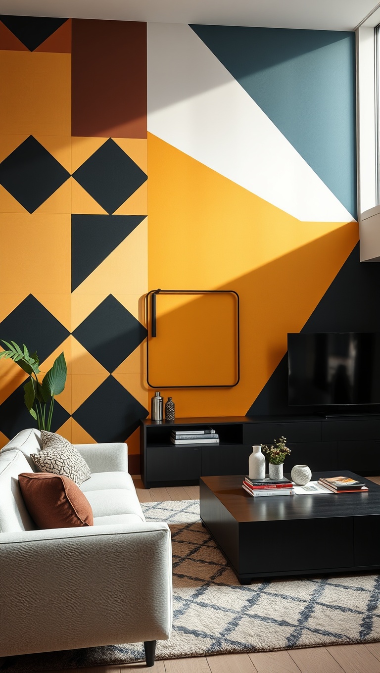 20 Stunning Ideas to Transform Your Living Room with Geometric Patterns - 15. Geometric Accent Walls: A Dramatic Touch