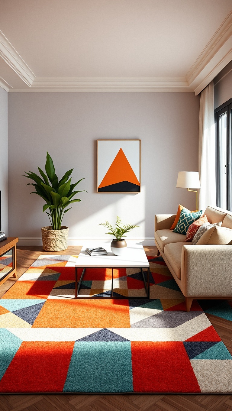 20 Stunning Ideas to Transform Your Living Room with Geometric Patterns - 2. Colorful Geometric Rugs: Step into Style