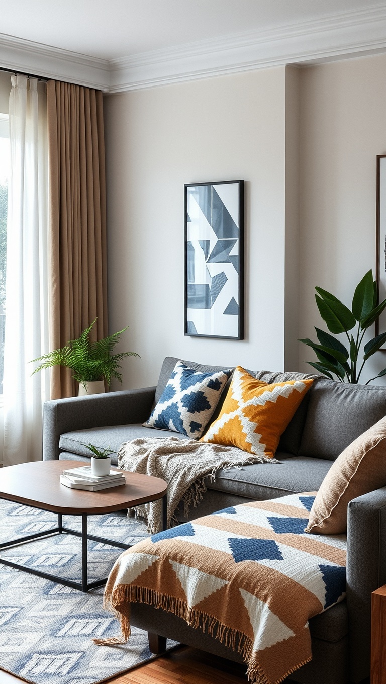 20 Stunning Ideas to Transform Your Living Room with Geometric Patterns - 11. Geometric Throw Blankets: Snuggle in Style
