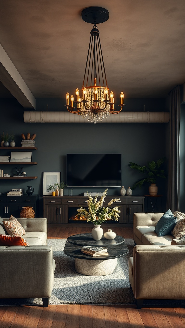 20 Stunning Ideas to Achieve an Industrial Chic Vintage Living Room - 17. Hang a Statement Chandelier