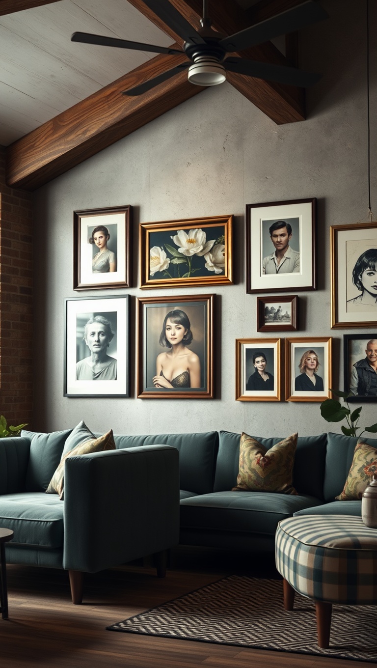 20 Stunning Ideas to Achieve an Industrial Chic Vintage Living Room - 10. Create a Gallery Wall with Vintage Frames