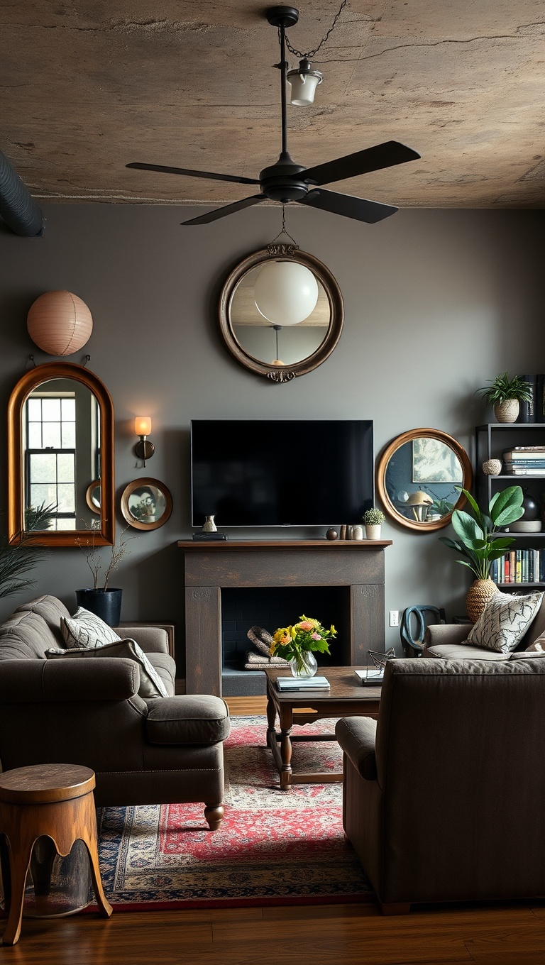 20 Stunning Ideas to Achieve an Industrial Chic Vintage Living Room - 11. Use Antique Mirrors for Depth