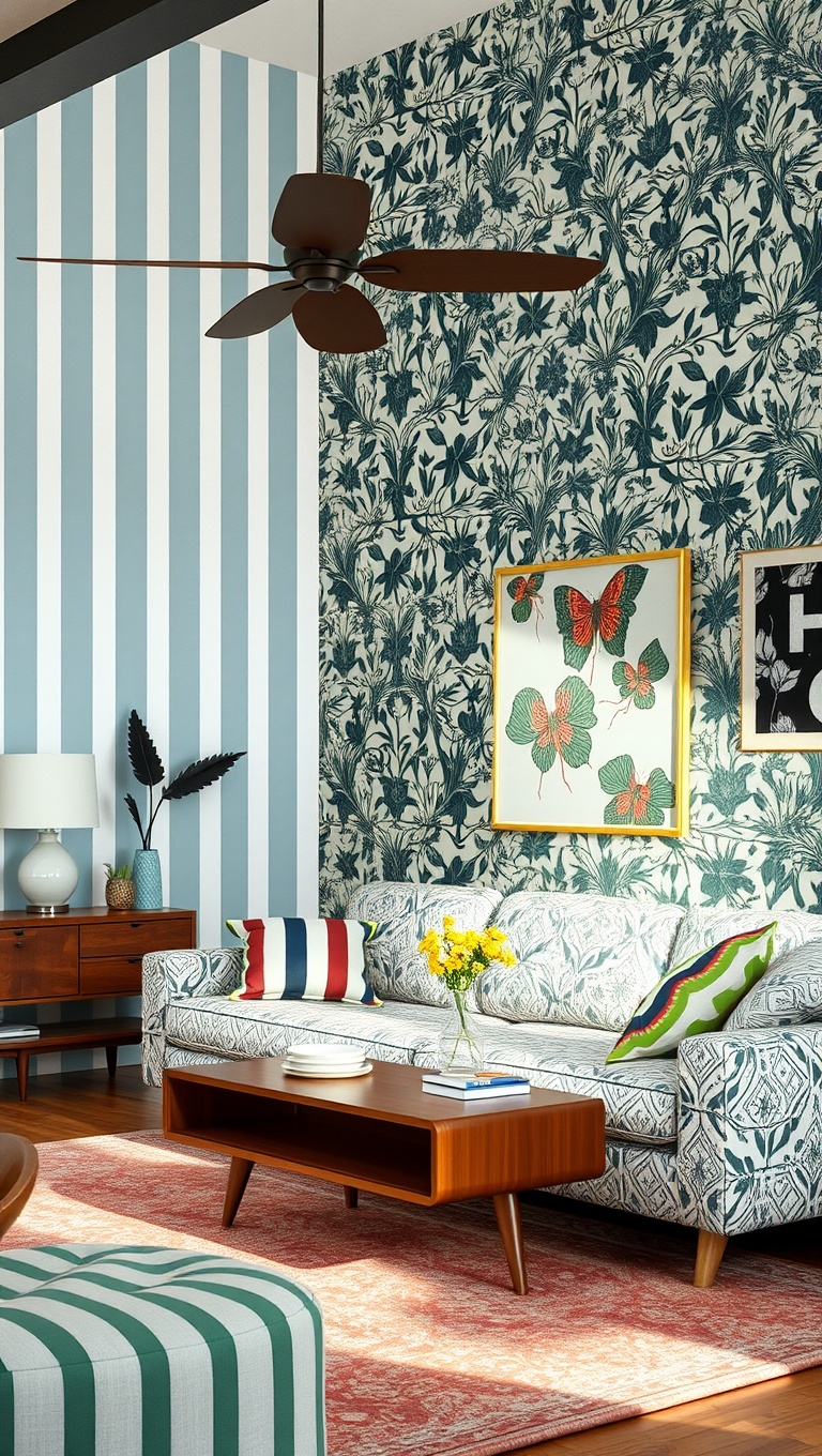 20 Fabulous Ideas for a Mid-Century Eclectic Living Room - 13. Play with Patterns: Stripes, Florals, and Geometrics