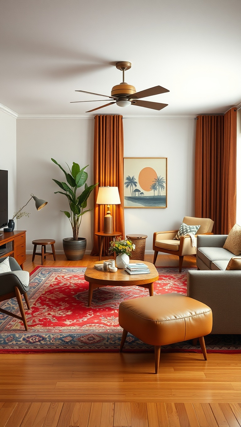 20 Fabulous Ideas for a Mid-Century Eclectic Living Room - 7. Use Vintage Rugs to Define Spaces