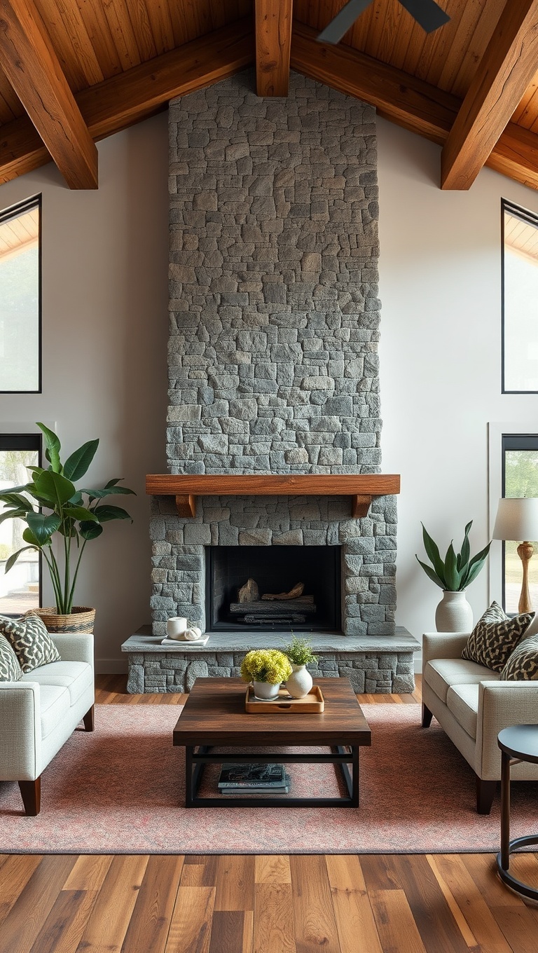 20 Cozy Ideas for Your Modern Rustic Living Room - 4. Add a Statement Stone Fireplace