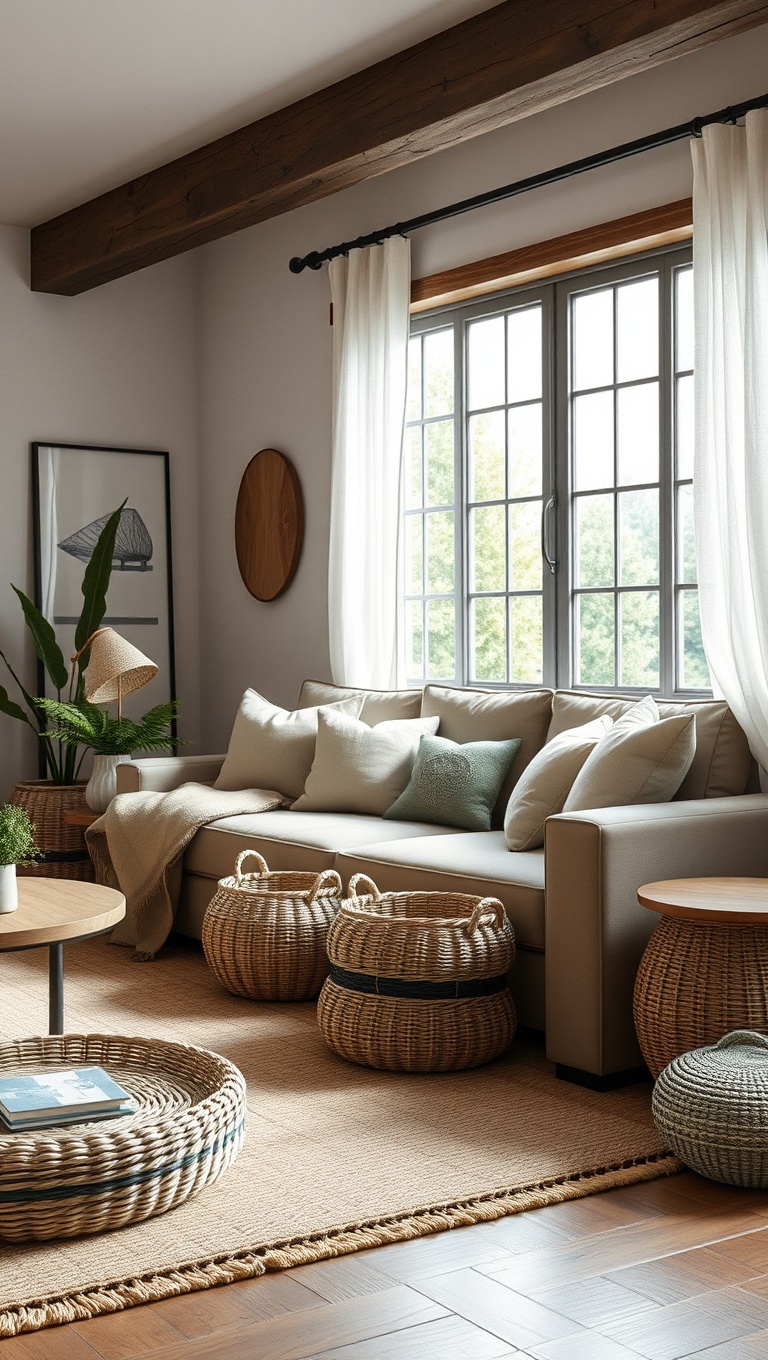 20 Cozy Ideas for Your Modern Rustic Living Room - 17. Use Woven Baskets for Storage