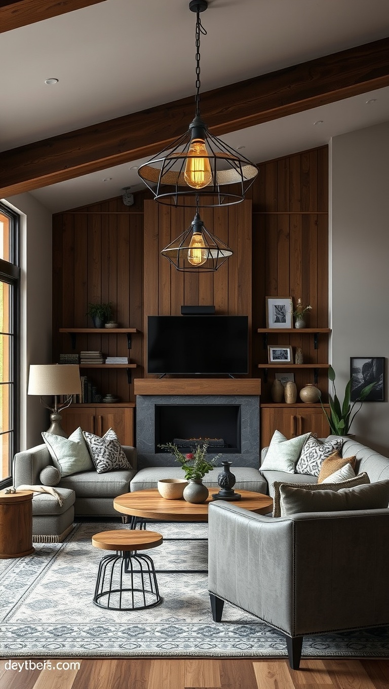20 Cozy Ideas for Your Modern Rustic Living Room - 6. Use Industrial Lighting Fixtures