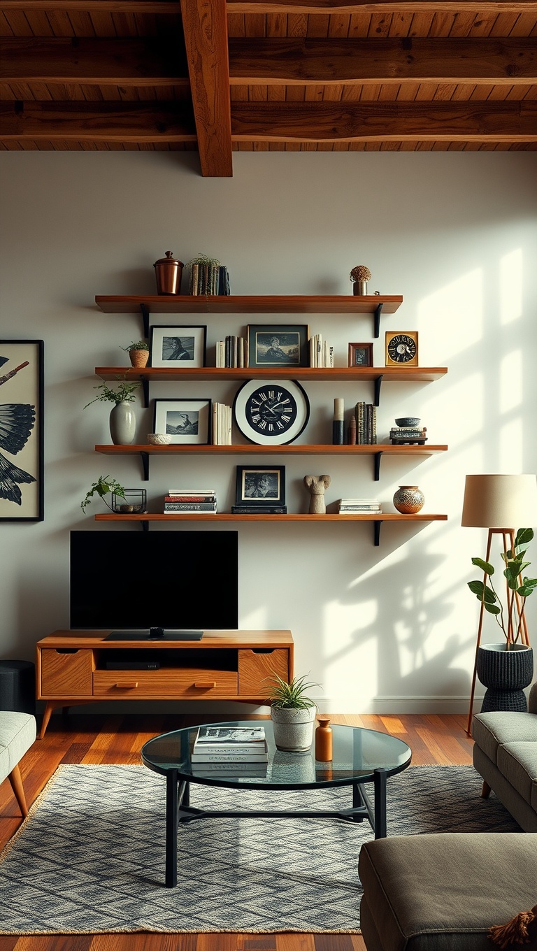 20 Charming Ideas to Create a Modern Vintage Living Room - 12. Install Floating Shelves with Vintage Finds